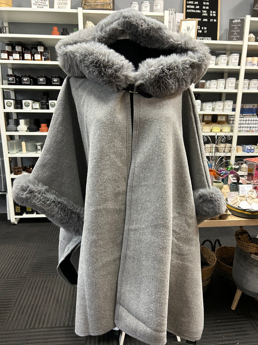 Hooded Poncho - Faux Fur Collar - Silver