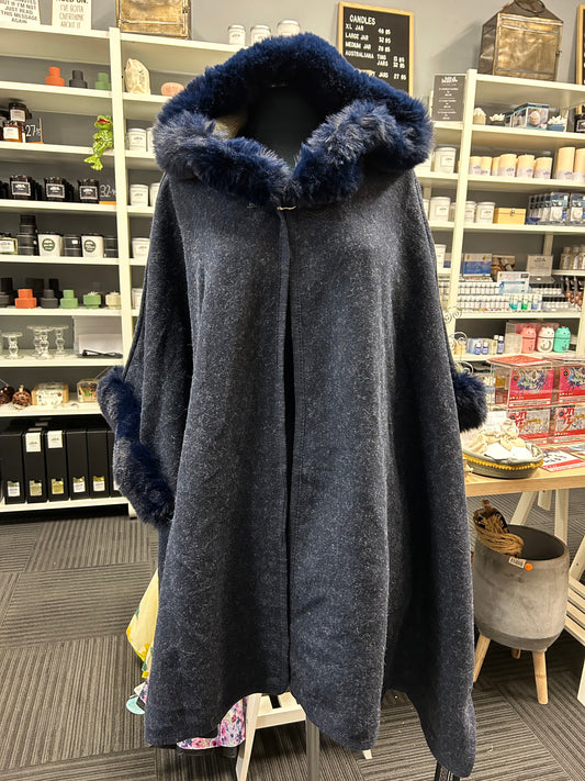Hooded Poncho - Faux Fur Collar - Navy