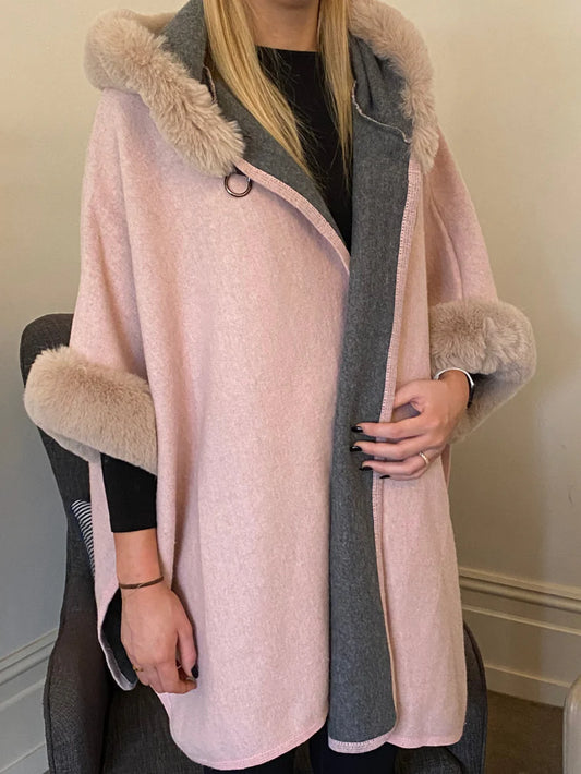 Hooded Poncho - Faux Fur Collar - Pink